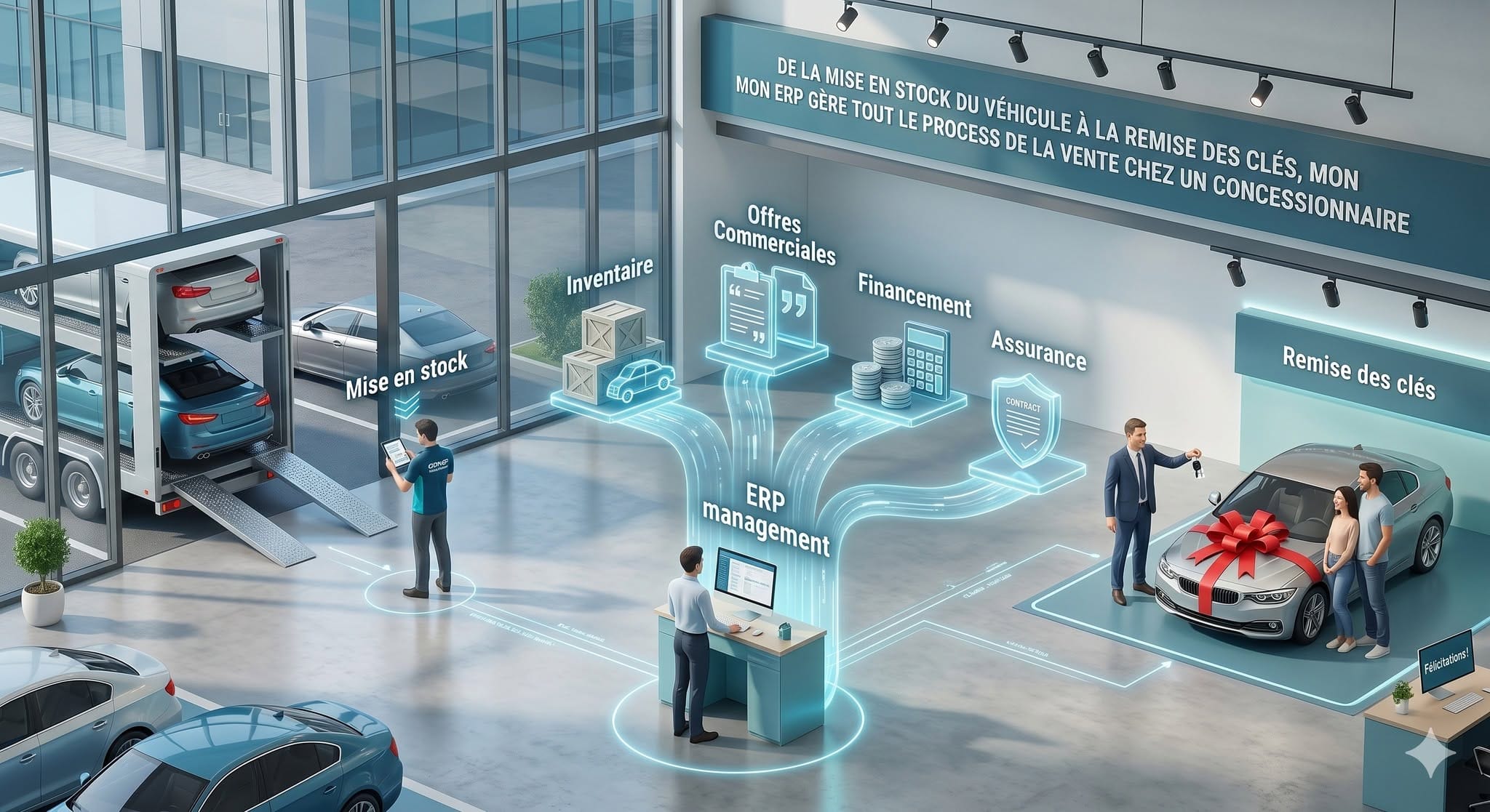 CRYSTAL AUTO diagram of the dealership sales journey: stocking, inventory, commercial offers, financing, insurance and key handover