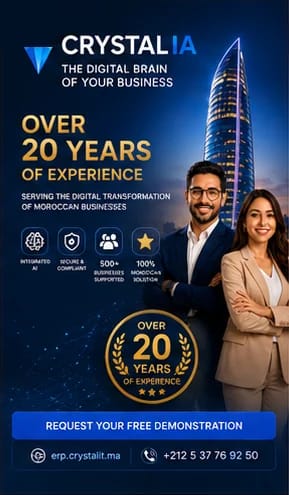 "20+ years of experience" poster from the CRYSTAL IA campaign, in front of the Mohammed VI Tower in Rabat