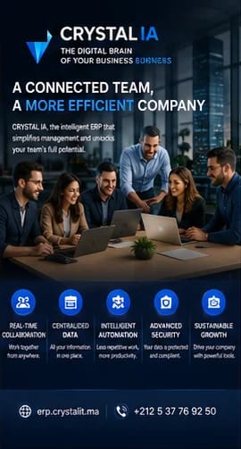 "A connected team" poster from the CRYSTAL IA campaign: the team gathered around a work table