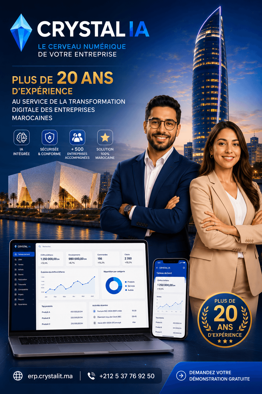 Affiche « +20 ans d'expérience » de la campagne CRYSTAL IA, devant la Tour Mohammed VI à Rabat