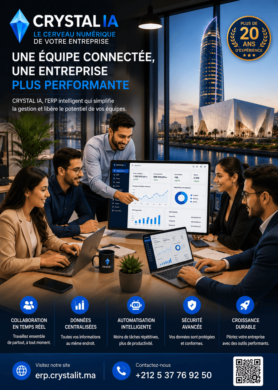 Affiche « Une équipe connectée » de la campagne CRYSTAL IA : l'équipe réunie autour d'une table de travail